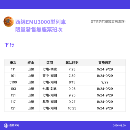 中秋節暨教師節加開列車 6 　共9張