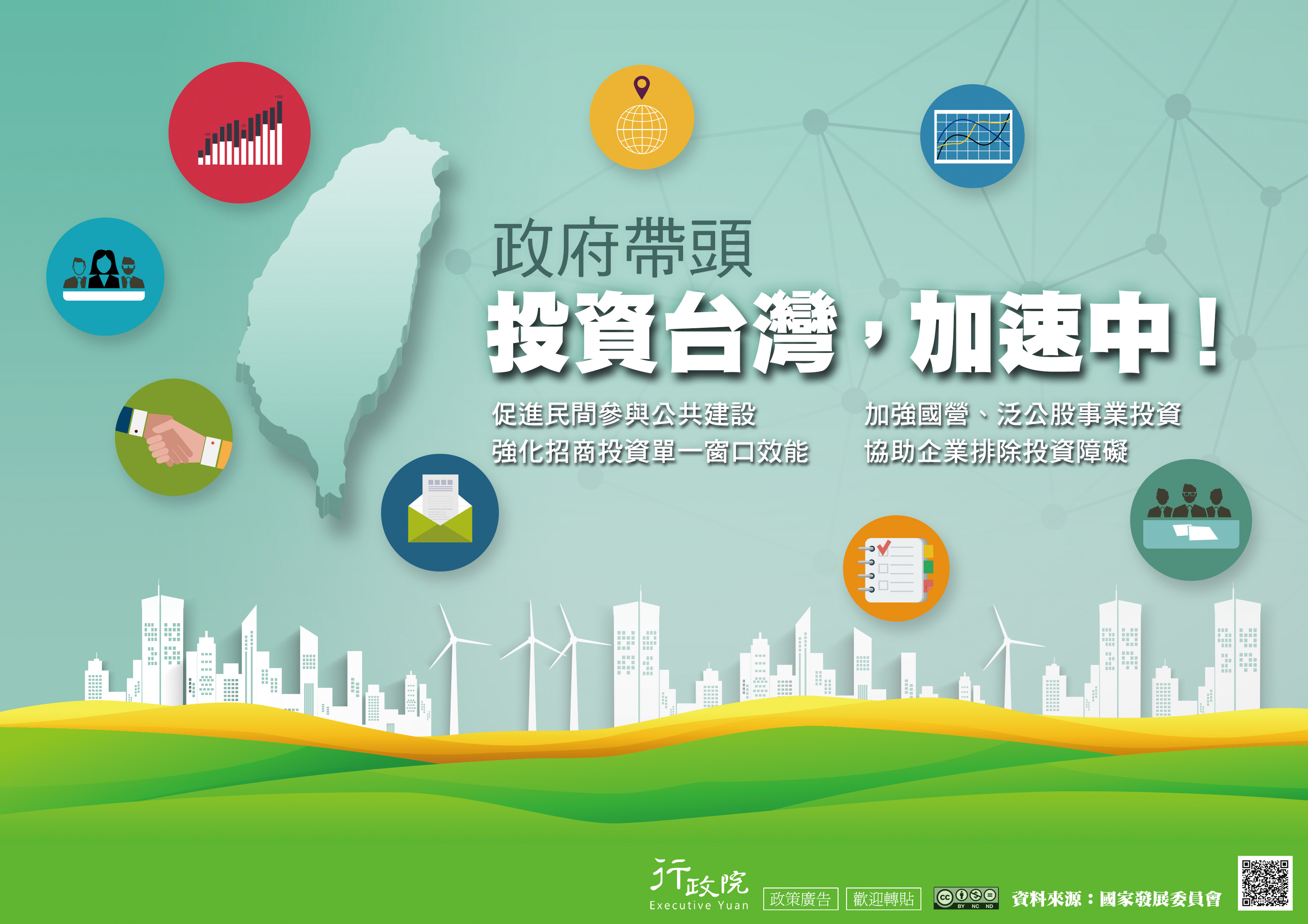 政府帶頭。投資台灣，加速中！促進民間參與公共建設；加強國營、泛公股事業投資；強化招商投資單一窗口效能；協助企業排除投資障礙.jpg
