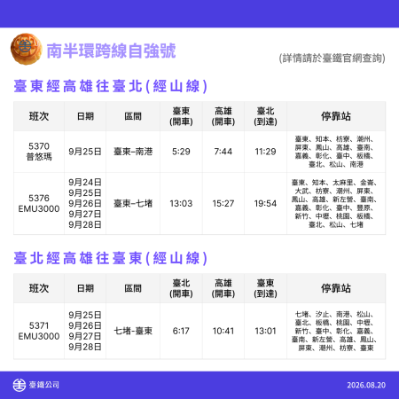中秋節暨教師節加開列車 4 　共9張