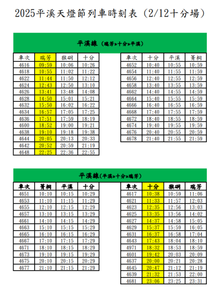 2025平溪天燈節列車時刻表_2月12日十分場_ 　共2張